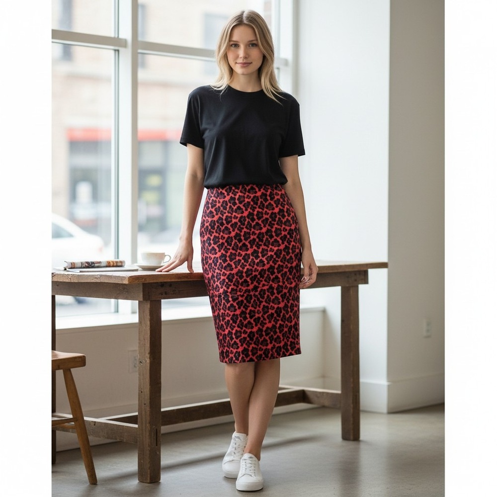 The Limited Red Black Leopard Animal Print Pencil Skirt Size 6 Lined Jacquard